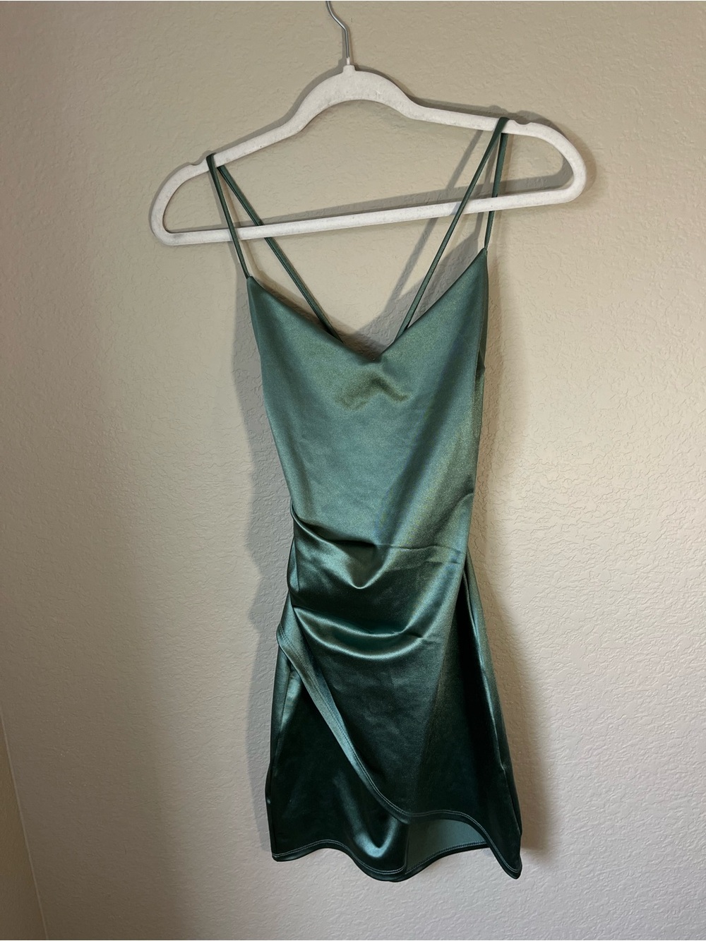 Windsor Sage Green Satin Mini Dress Medium Y2K Cowl Neck Bodycon Ruched Party Co